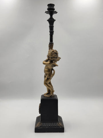 Rare Antique Brass Gilt Cherub Figural Candlestick Empire Revival 23 in Tall.