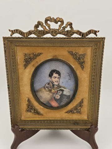 Rare Antique 19th C Miniature Portrait Prince Jozef Poniatowski Ormolu Frame