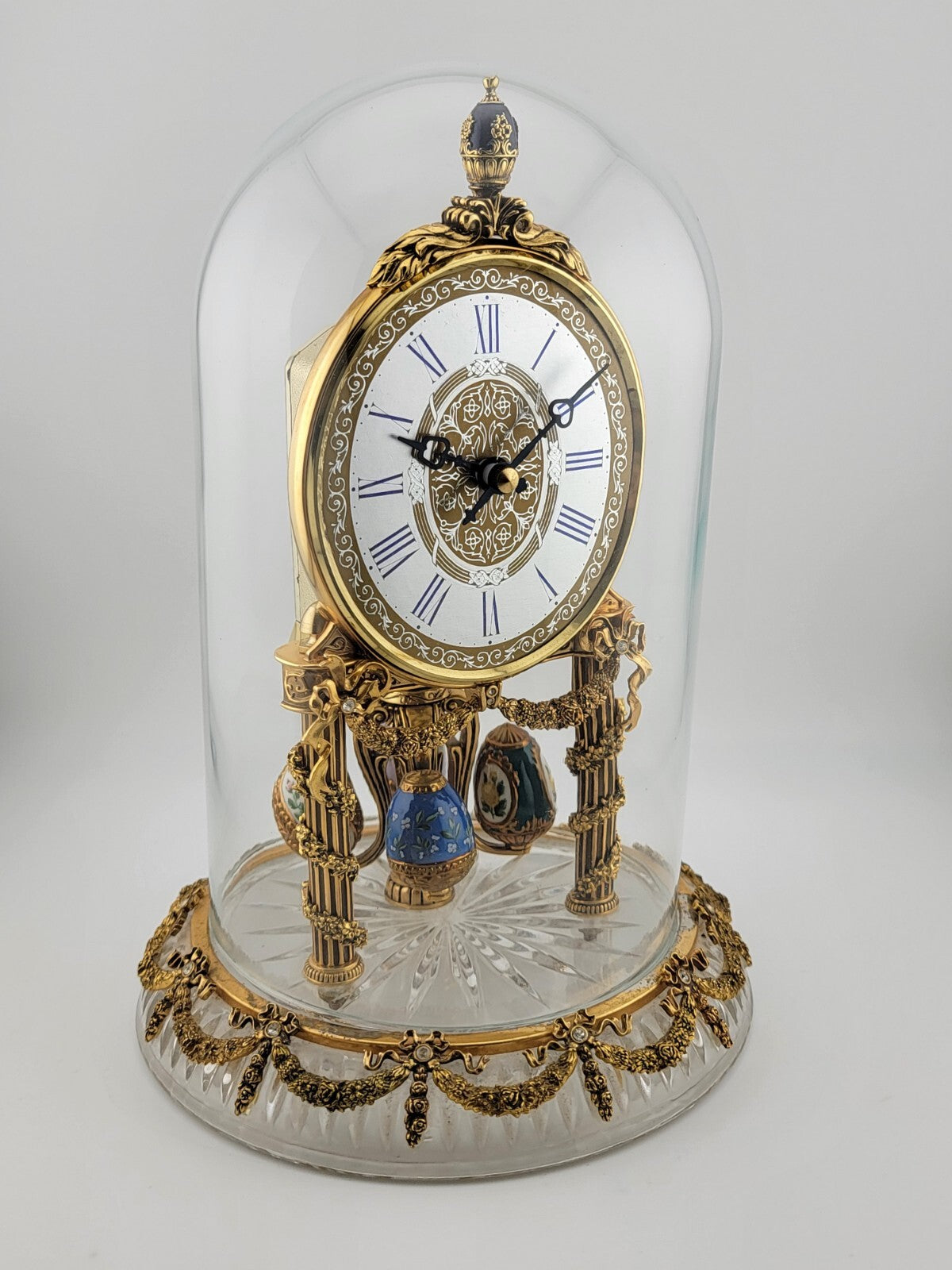 RARE HERMLE & SOHN 24K GOLD FABERGE EGG CRYSTAL CLOCK FOR ALL SEASONS. WORKING.