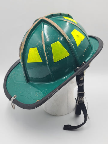 MSA Cairns 1010 2020 Green Firefighter Helmet Front Visor. Seen Fire Action.