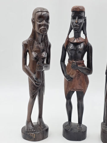 Set Of 3 Vintage Hand Carved Kenyan African Wood Tribal Figures Maasai Sculpture
