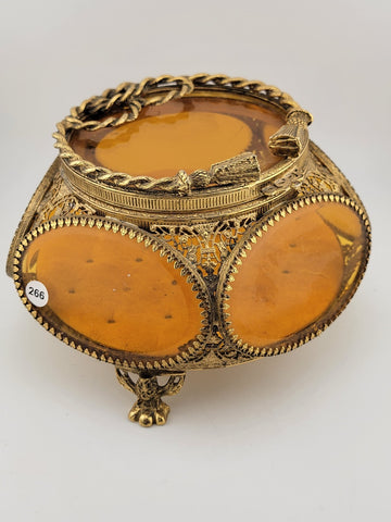 Antique Ormolu Filigree Trinket Casket Vitrine Box, 5-Sided Beveled Amber Glass