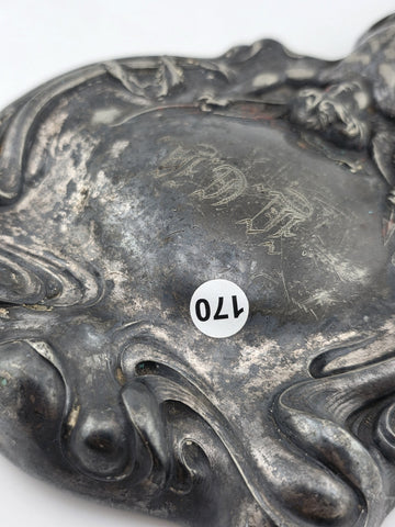 Antique Art Nouveau Silver Cupid Cherub Angel Figural Hand-Held Vanity Mirror