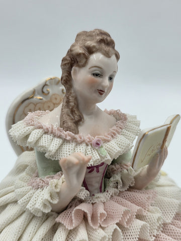 Vintage M.Z. Ireland Dresden Lace Porcelain Figurine Lady Reading Book Seated