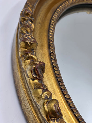 Antique Hand Carved Gilt Wood Oval Mirror Roses Floral Rococo 17” Wall Decor
