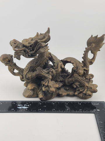 Antique Japan Solid Bronze 8.5" Intricate & Detailed Coiled Dragon w Pearl