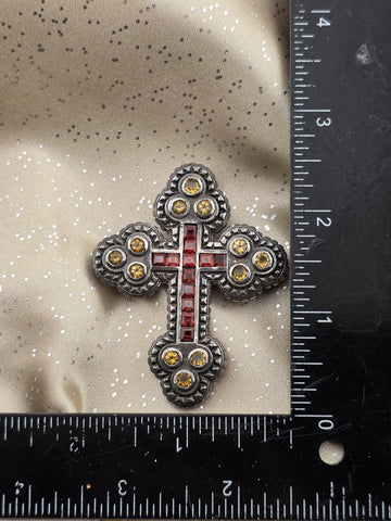 Vintage 8.45ctw Gemstone Cross Pendant 925 Sterling Silver Citrine Garnet Brooch