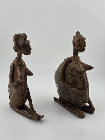 Rare Antique Pair Of Sitting Ethnic Tribal Women Bronze figure Dogon Mali Africa