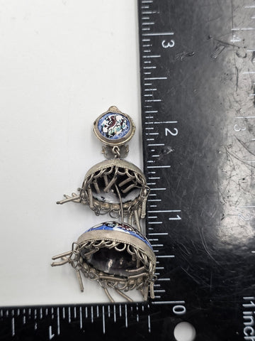 Rare Antique Hand Painted Filigree Silver Lantern Chandelier Dangling Earrings.