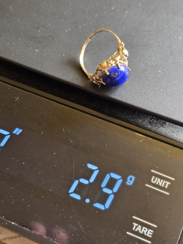 Antique 10K Solid Gold Lapis Lazuli Cabochon Ring Ornate Blue Statement. 6.75.