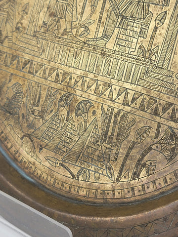 Antique Egyptian Brass Plate Detail Hand Etched Pharaoh and Egyptian Characters