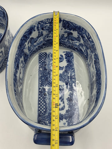 Pair XL Blue White Transferware Cachepot Jardiniere Planters Farm Animal Decor