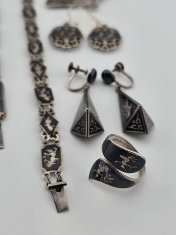 Rare Antique 1940s Siam Sterling Silver Niello Jewelry His And Hers Complete Set