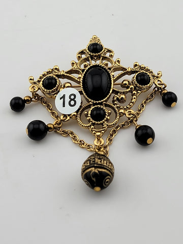 VTG 1928 BROOCH VICTORIAN REVIVAL BLACK GLASS BEAD DANGLE OPENWORK GOLDTONE PIN