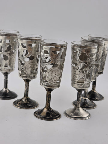SET Of 6 MID-CENTURY MEXICO STERLING SILVER 3.5" PIERCED CORDIALS, GLASS LINERS