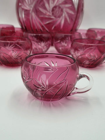 Rare 1940's Vtg Bohemian Cranberry Cut to Clear Crystal Punch Bowl Set w/13 Cups