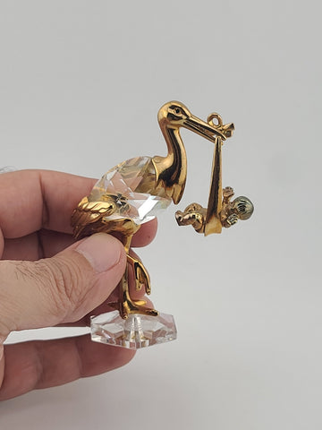Rare Swarovski Crystal Stork Baby Figurine Gold Tone New Arrival Maternity Gift