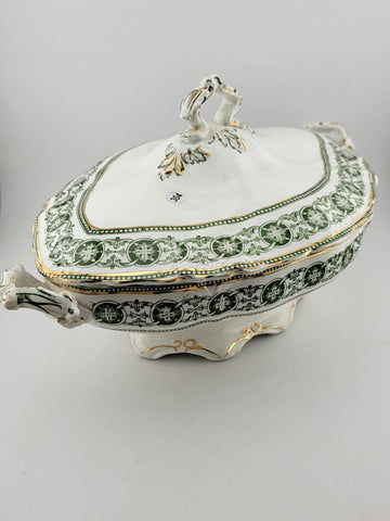 RARE BISHOP & STONIER ENGLAND RODEN GREEN COVERED TUREEN & LID 24K GOLD TRIM
