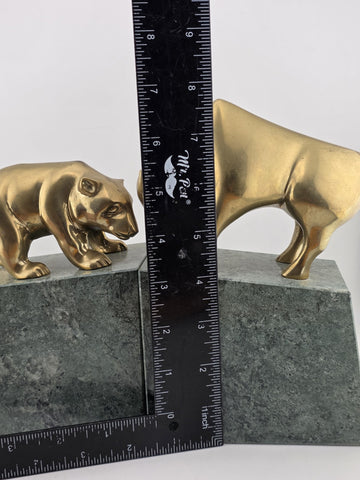 Book Ends Stock Market Bull & Bear MCM Brass and Marble Wall Street Bookends