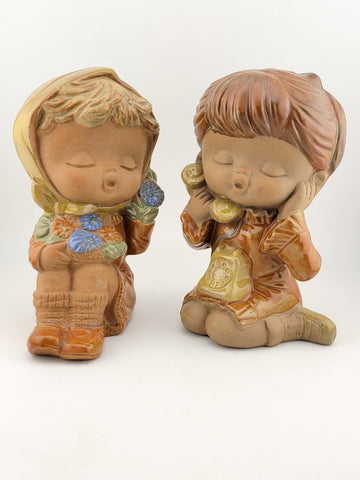Vintage Set Of 2 Genuine Stoneware Girl Figurines Terracotta Made In Japan