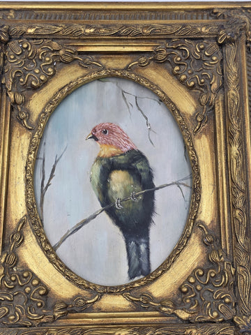 Antique Gilt Baroque Style Wood Framed Bird Painting On Wooden Oval Panel Decor.