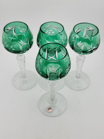 Set Of 4 Lausitzer Bohemian Crystal Green Cut Glass Etched. No Chips Or Cracks
