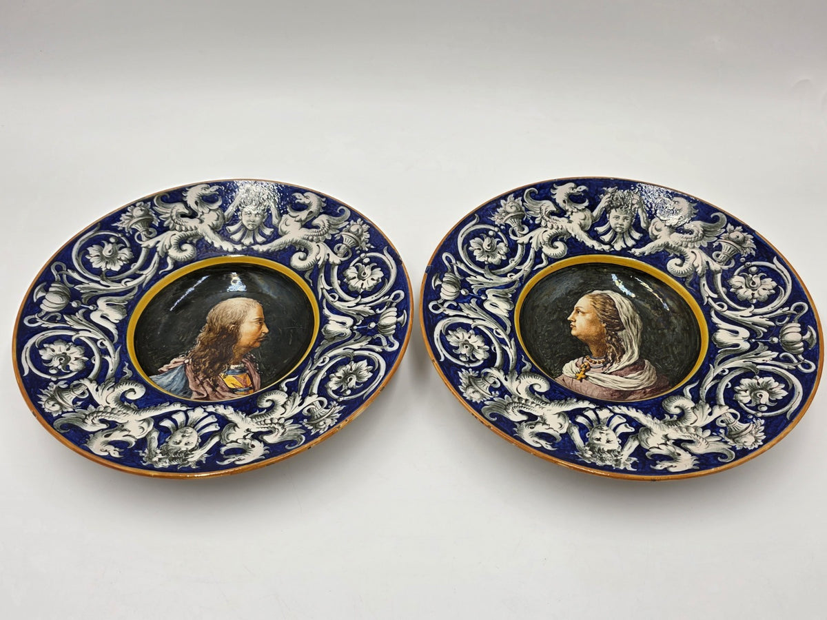 Antique Pair Of Ginori Doccia Renaissance Revival Majolica Portrait Plates c1880