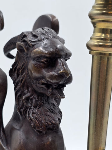 Rare Pair of Antique Late 19th C Heavy Bronze Griffin bookends/ Candleholders.