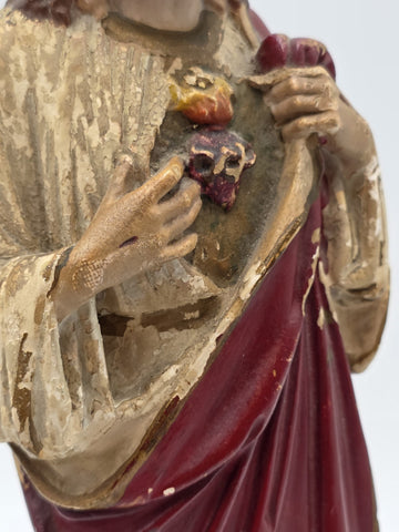 Antique 1930's Sacred Heart Jesus Chalkware Statue 13” Painted Religious Figure