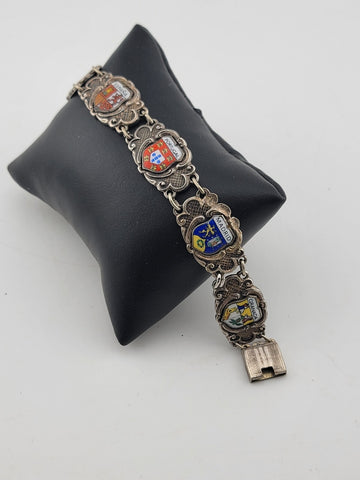 Vintage Silver Pewter &Enamel Souvenir Bracelet Spain & Portugal Shield Flags 8"