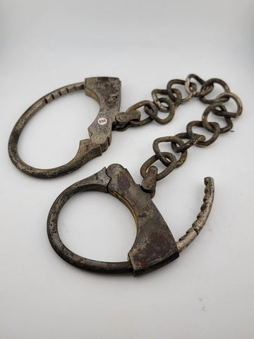 Rare Antique Late 19th C Pair Of Original Mattatuck Co. USA Handcuffs. No Key.
