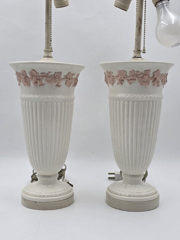Pair Wedgwood Queensware Jasperware Cream Pink Grapevine Relief Table Lamps 24"