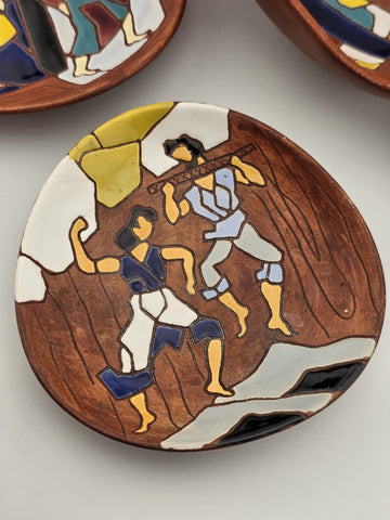 Vtg Keramos Hand Painted Art Pottery Bowl & Plates Lot 7 Mid Century Figurative