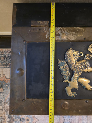 Private: RARE ANTIQUE 19TH C CONTINENTAL BRASS BOUND KINDLING BOX W ARMORIAL.