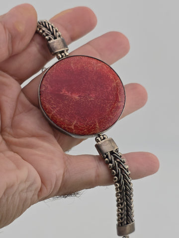 ANTIQUE 1940'S STERLING SILVER NATURAL RED CORAL BRACELET & RING SET HANDCRAFTED