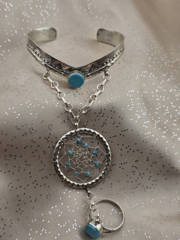 Vintage RB 925 Sterling Silver Turquoise Hand Chain Slave Bracelet Southwestern