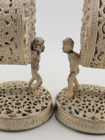 Antique Pair Of White & Gold Tone Metal Glass Hibiscus Filigree Perfume Decanter