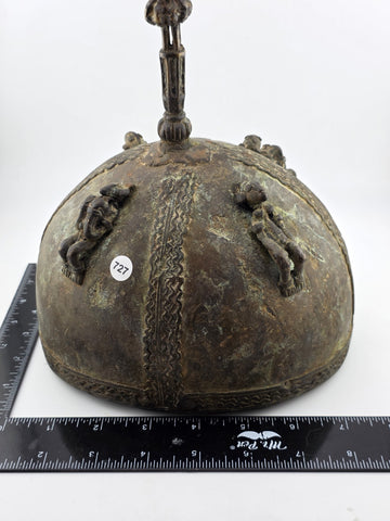 Early 20th C Luba Congo Bronze Ritual Vessel Lid w/ Figures African Tribal Art