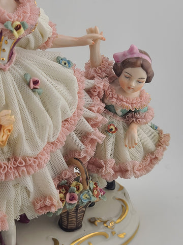 Rare Antique Dresden Porcelain Germany Lace Mother with Daughters and Flowers