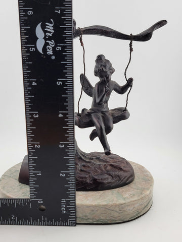 Antique Bronze Statue After Moreau Angel Swinging from Tree On A Marble Base.