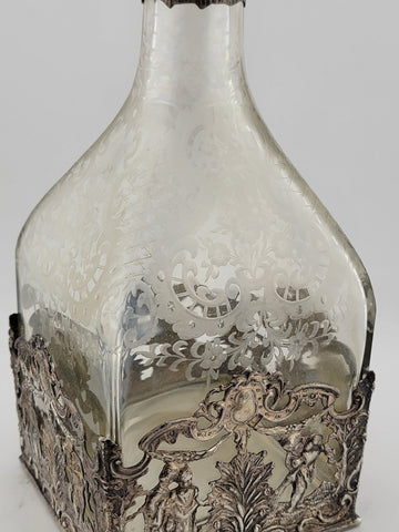Rare 19th C German Hanau 800 Silver & Etched Crystal Stork & Sinsheimer Decanter