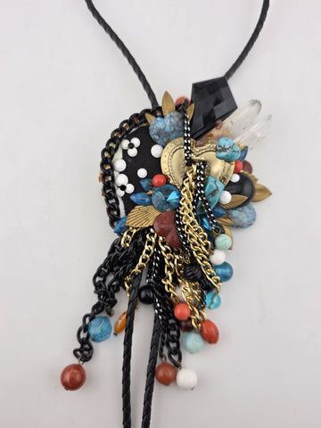 Vintage Large Boho Statement Bolo Necklace Brooch Turquoise Tassel Mixed Media
