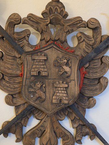 Antique Large Spanish Walnut Wood Carved Family Coat of Arms W 2 Tolido Swords.