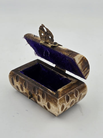 Antique Camel Bone Brass Cut Out Jewelry Trinket Box With Blue Felt Lining