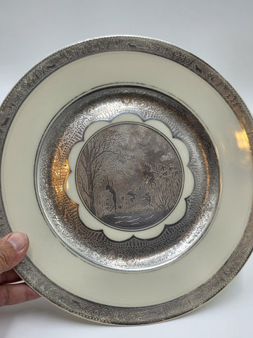 Set of 3 Antique Czech Silver Inlaid Enamel Fairy Plates c.1910 Art Nouveau