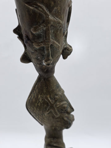 Vintage 1950's West African Bronze Ritual Staff Mother & Child Figural Sculpture