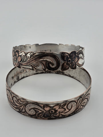 Vintage Pair Sterling Silver 925 Floral Engraved Bangle Bracelets 81g 8.5" Cuff