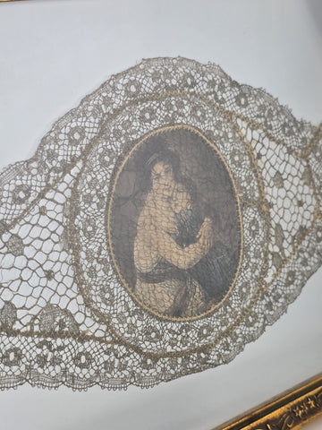 Ultra Rare Antique 1820s Lace Mounted Portrait Watercolor on Ivory Georgian Art