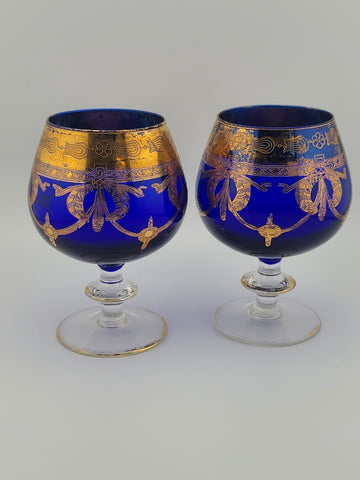 Vintage Arte ltalica Brandy Snifters: Cobalt BlueBlown Glass with Gold