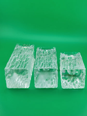 Rare Vintage Set Of 3 Nybro Crystal Heavy Glass Candlestick Holders Ice Pillars
